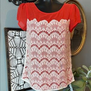 Signature Studio Red and White Lace Blouse